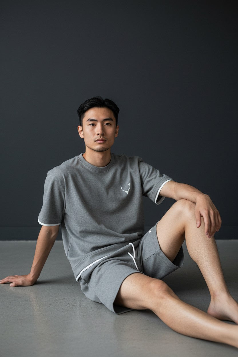 Man wearing a gray outfit sitting on a dark surface with a dark background. Antler, Monza Outlet, Monza Fashion, Shein Outlet