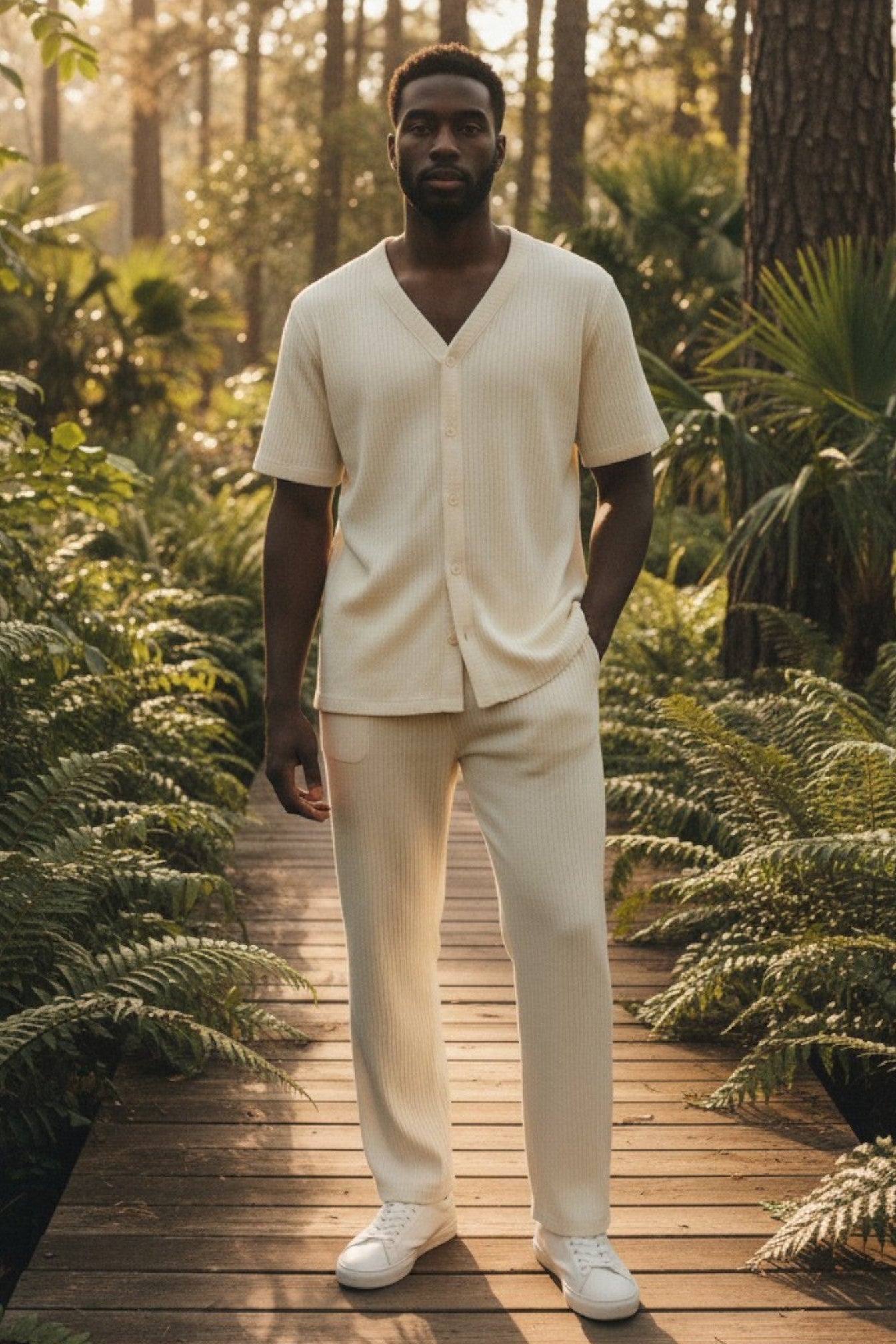 Man in beige outfit standing on a wooden path surrounded by lush greenery. Antler, Monza Outlet, Monza Fashion, Shein Outlet
