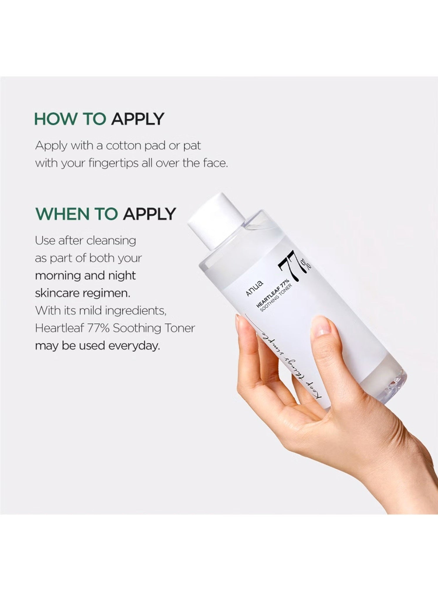 Skincare toner bottle with application instructions on a white background. Anua, Monza Outlet, Monza Fashion, Shein Outlet