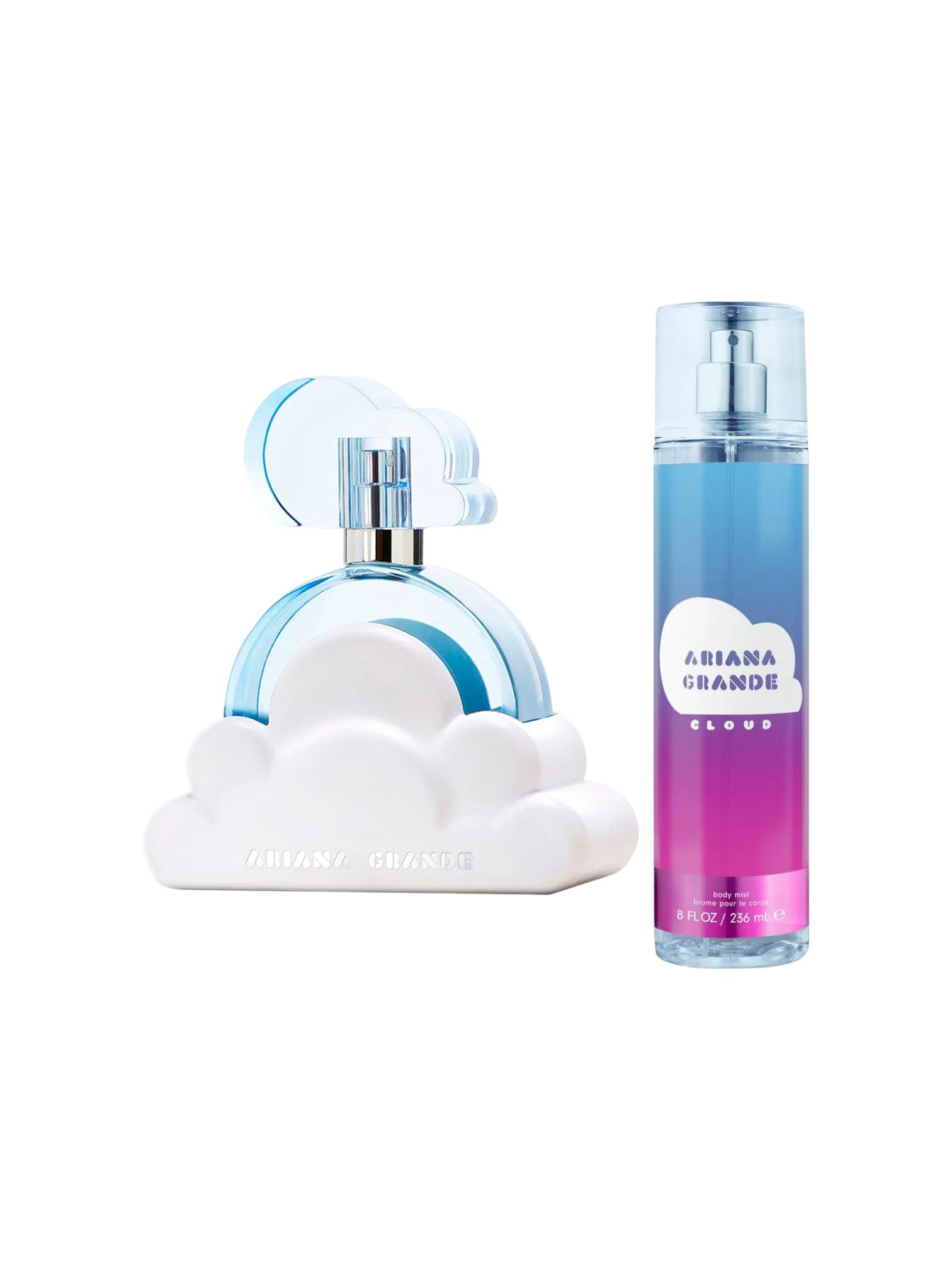 Two Ariana Grande Cloud perfume bottles on a white background. Ariana Grande, Monza Outlet, Monza Fashion, Shein Outlet