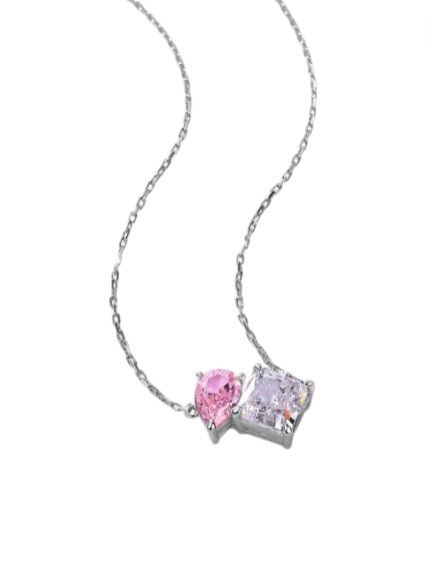 Necklace with a pink heart-shaped and clear square-cut gemstone pendant on a white background monza outlet, Shein outlet, monza fashion