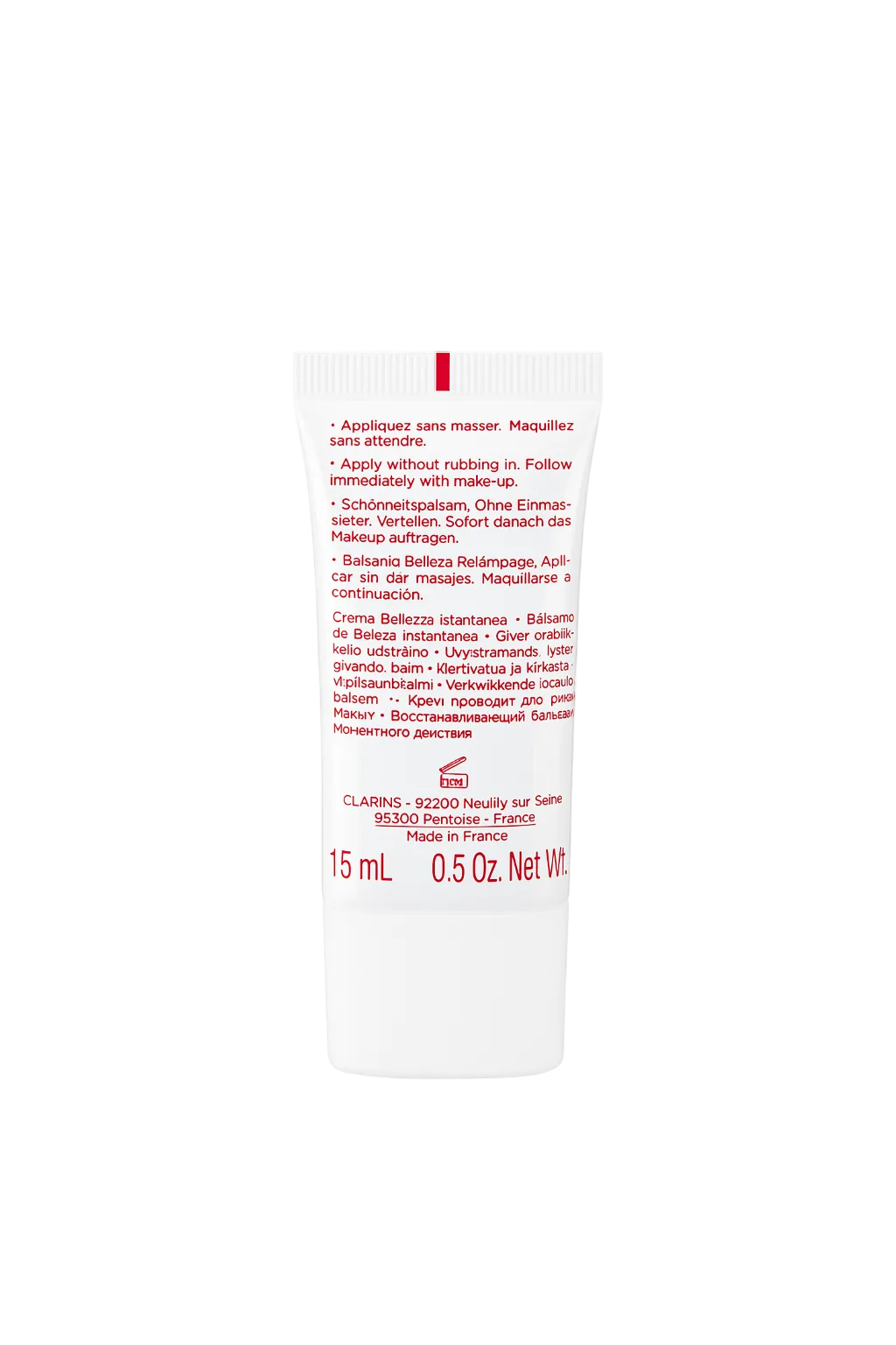 White skincare product container with red text on a white background. Clarins, Monza Outlet, Monza Fashion, Shein Outlet