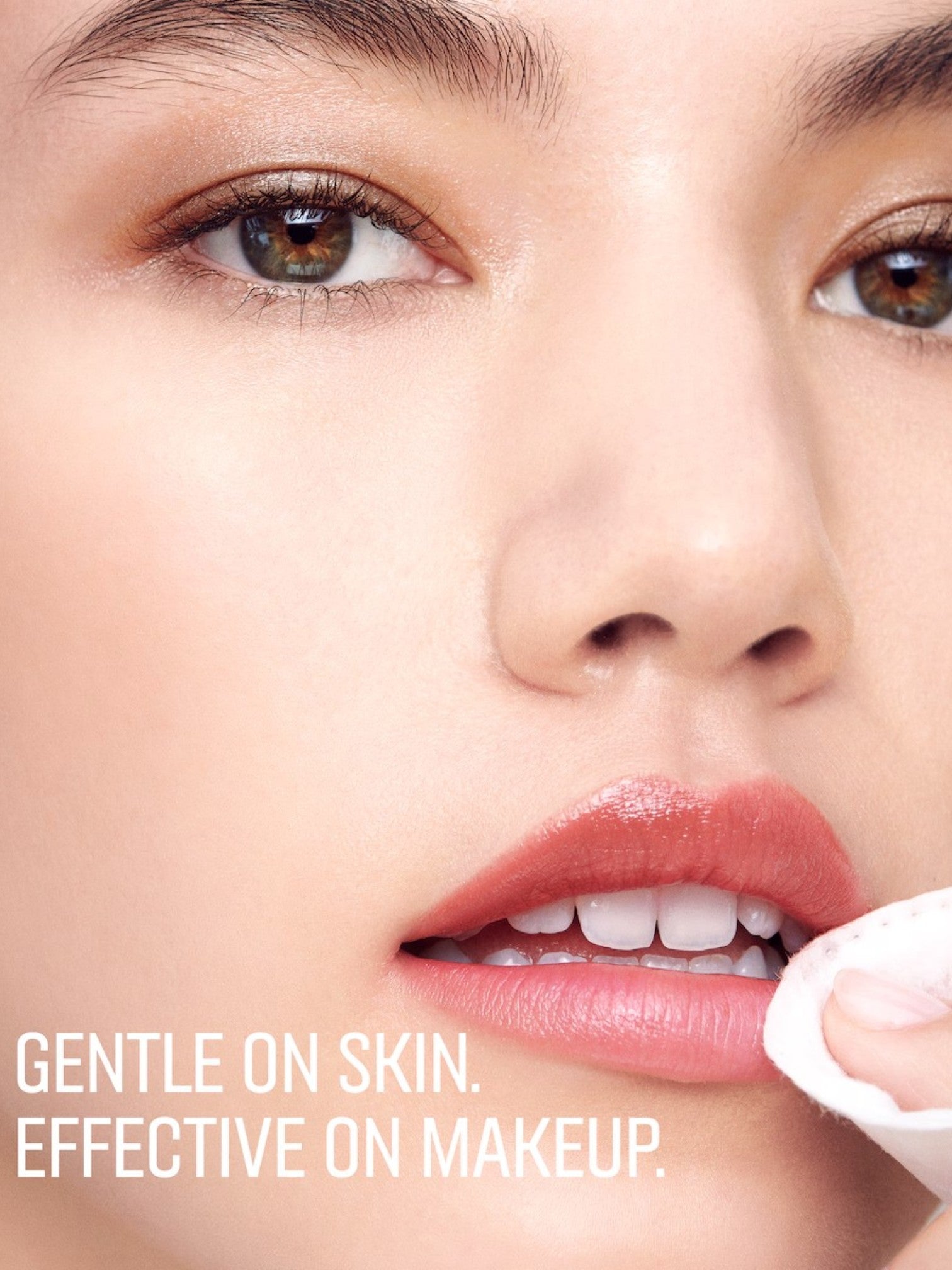Close-up of a person applying makeup with text Gentle on skin, effective on makeup. Bobbi Brown, Monza Outlet, Monza Fashion, Shein Outlet