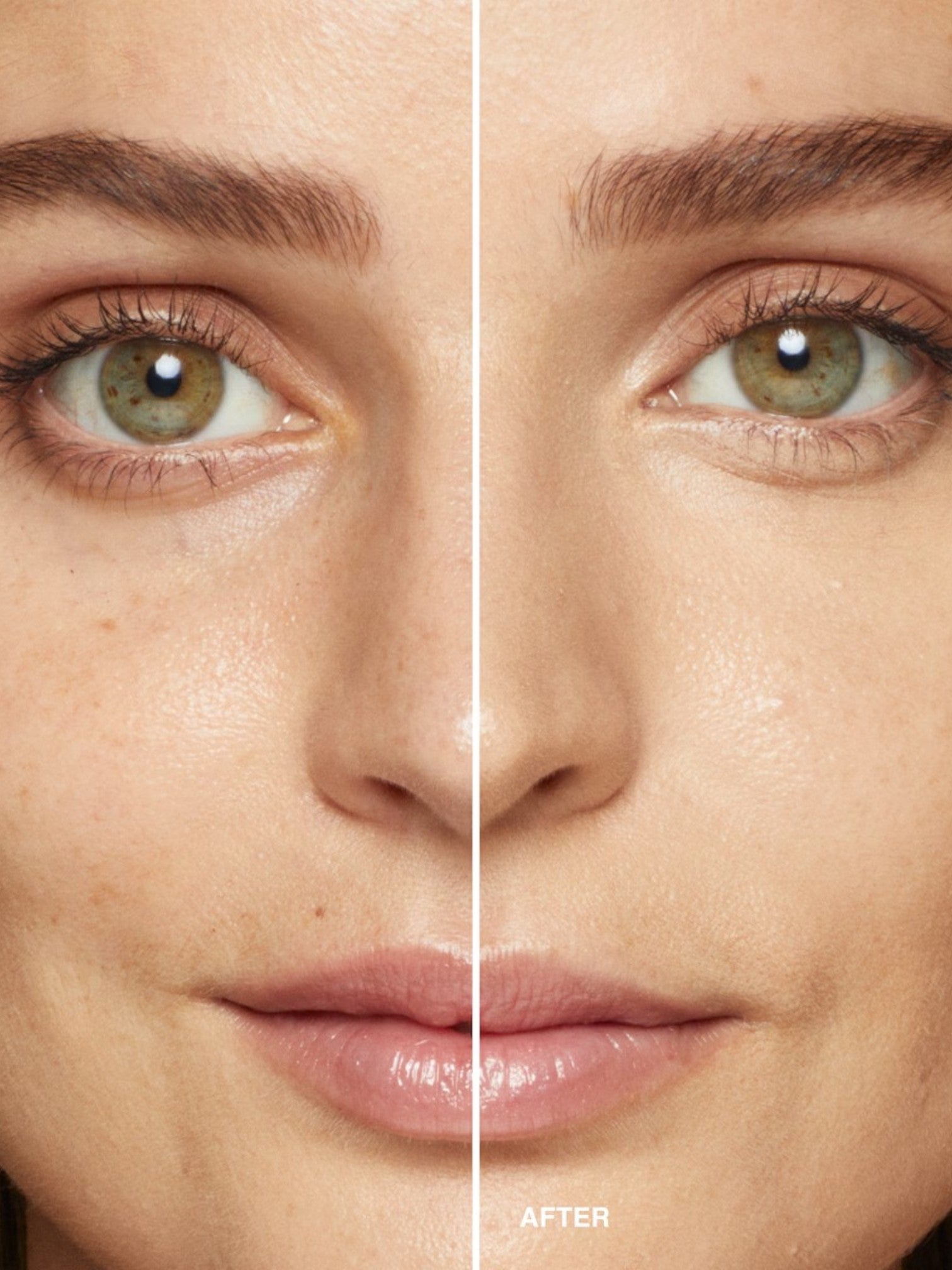 Before and after comparison of a womans face with a focus on skin texture and clarity. Bobbi Brown, Monza Outlet, Monza Fashion, Shein Outlet