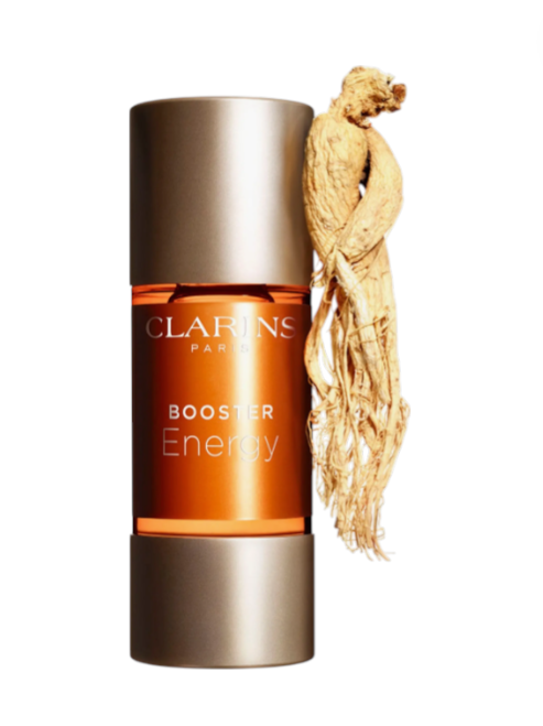 Clarins Booster Energy product with ginseng root on a white background monza outlet, Shein outlet, monza fashion