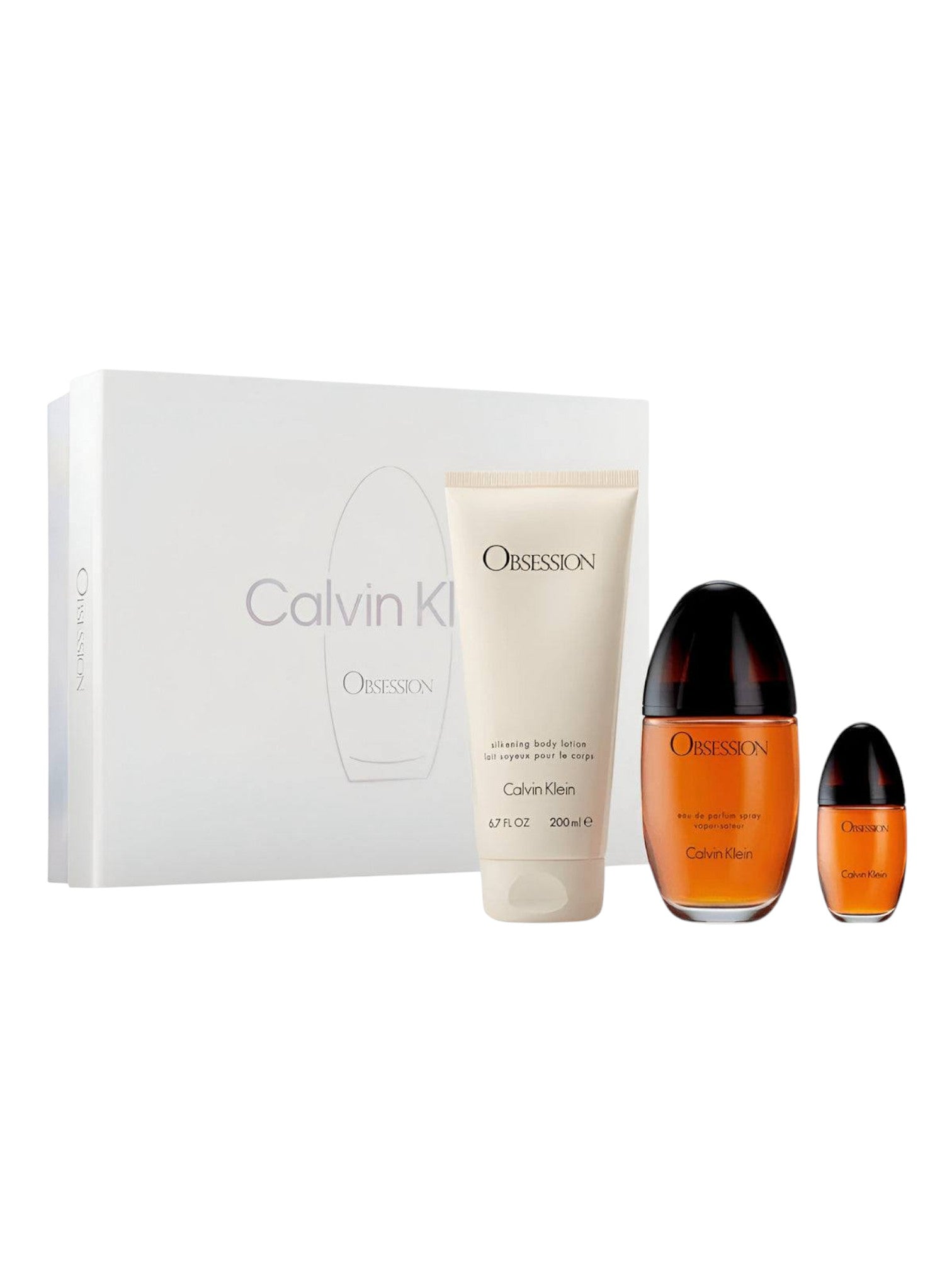 Calvin Klein Obsession gift set with a white box, cream, and two bottles on a white background. Calvin Klein, Monza Outlet, Monza Fashion, Shein Outlet