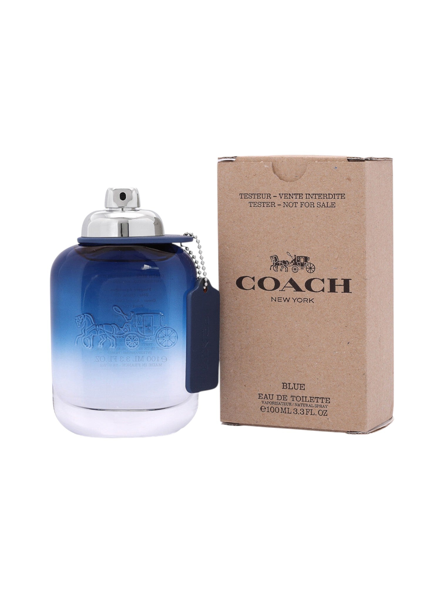 Blue perfume bottle with silver cap and Coach packaging on a white background. Coach, Monza Outlet, Monza Fashion, Shein Outlet