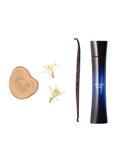 Vanilla pod, vanilla flowers, and Armani Code perfume bottle on a white background Monza Outlet