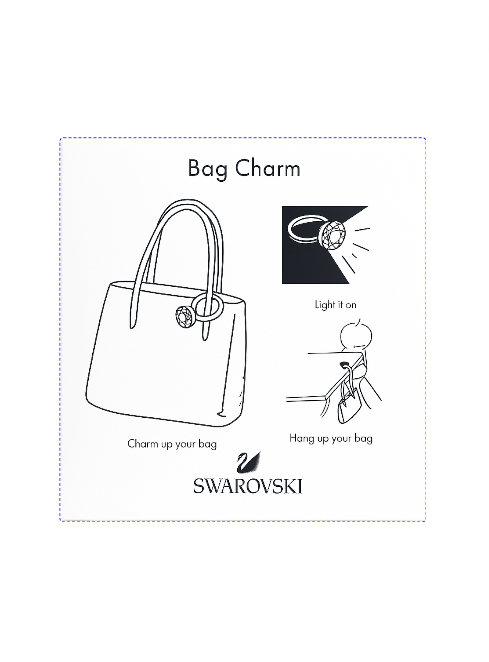 Swarovski bag charm packaging with instructions and product illustration. Monza Outlet