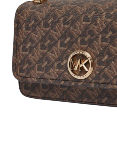 Brown handbag with gold logo on a white background monza outlet, Shein outlet, monza fashion