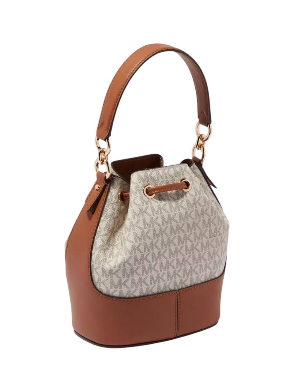 Bucket bag with brown leather accents and a visible brand logo on a white background, Michael Kors, Monza Outlet, Monza Fashion, Shein Outlet