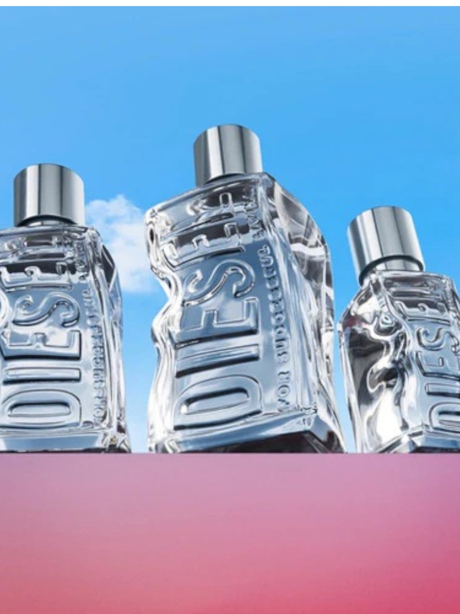 Three Diesel perfume bottles on a gradient blue and pink background monza outlet, Shein outlet, monza fashion