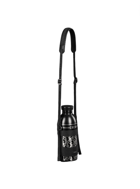 Black water bottle with a strap on a white background. Dior Monza Outlet