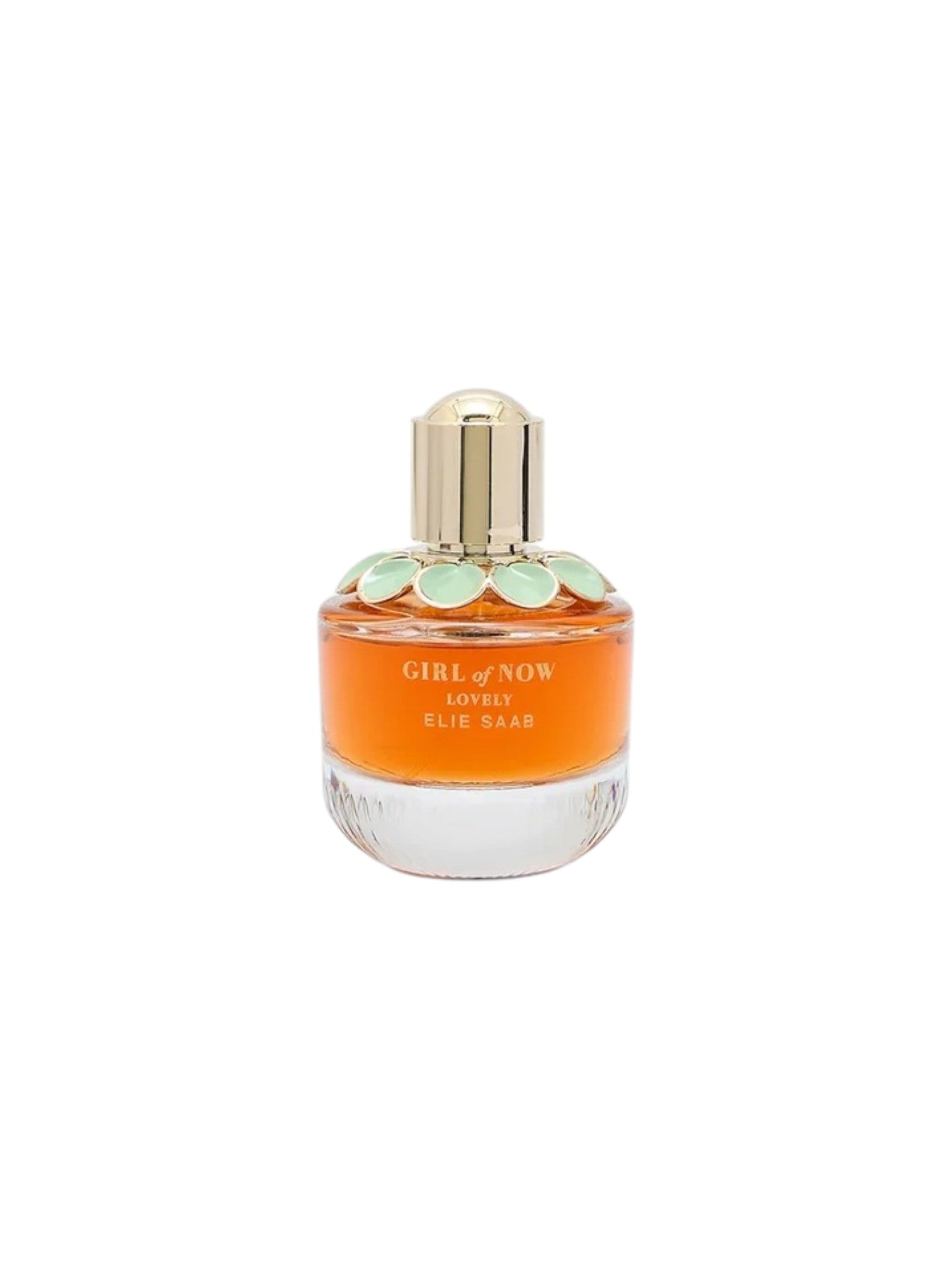 Perfume bottle with orange label and gold cap on a white background. Elie Saab, Monza Outlet, Monza Fashion, Shein Outlet