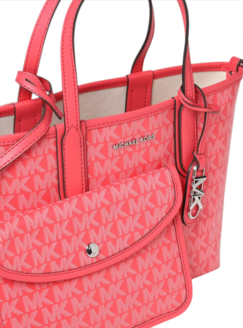 Red handbag with black handles and visible brand logo on a white background monza outlet, Shein outlet, monza fashion