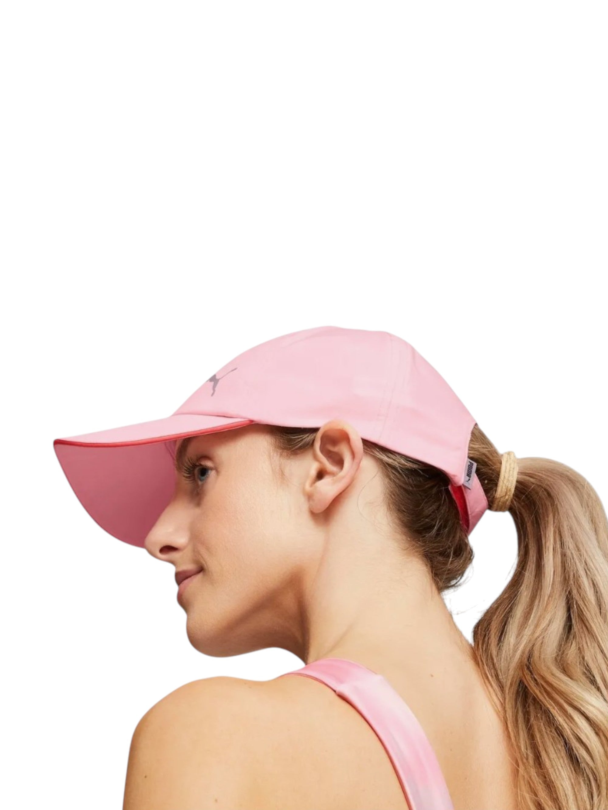 Woman wearing a pink cap and tank top on a white background Puma Monza Outlet