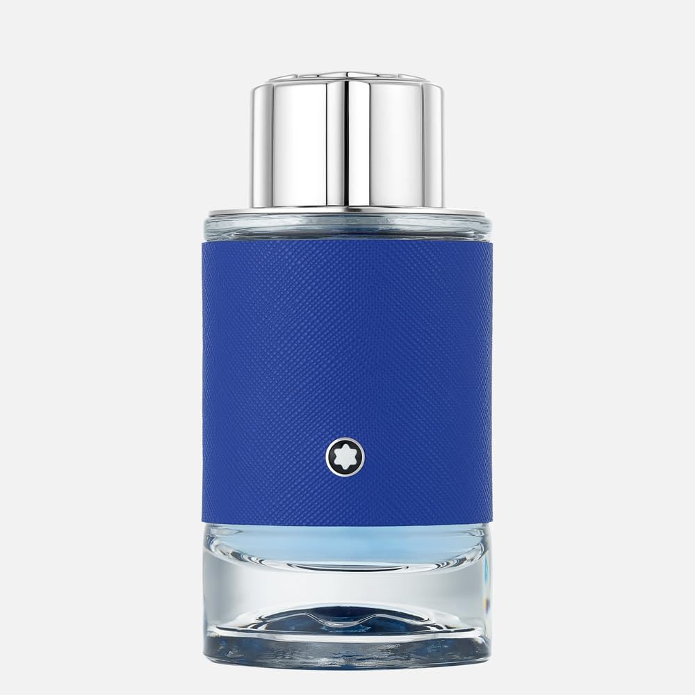 Blue perfume bottle with silver cap on a white background Explorer Ultra Blue Montblanc Monza Outlet
