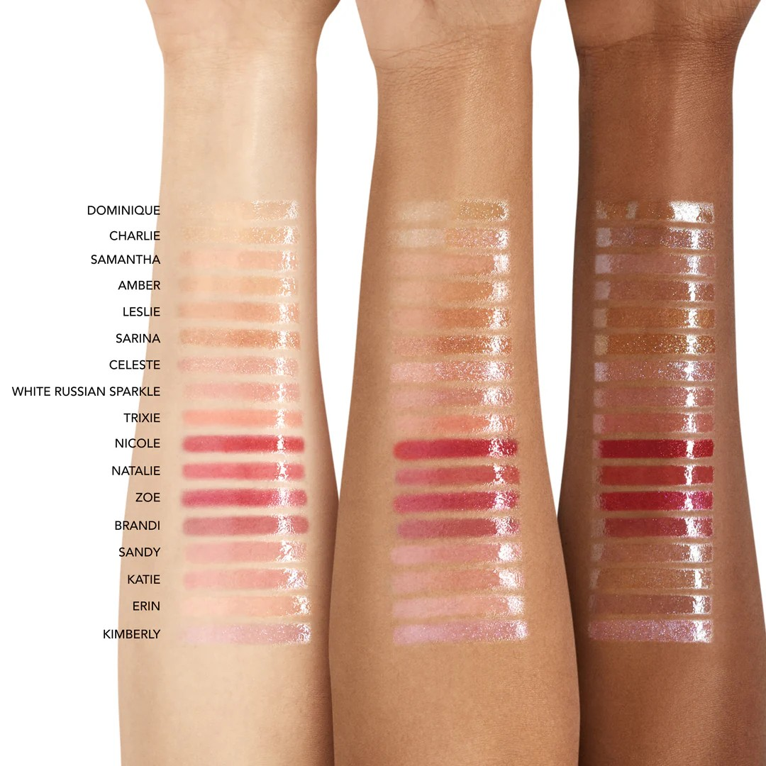 Lipstick swatches on a white background with color names listed below each swatch. Monza fashion outlet, monza outlet, shein outlet, shien outlet cosmetics, makeup, perfume