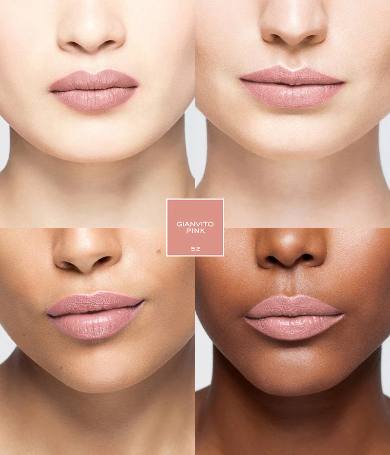 Lipstick color swatch on a model's lips with a close-up of the shade 'Gianvito Pink'.