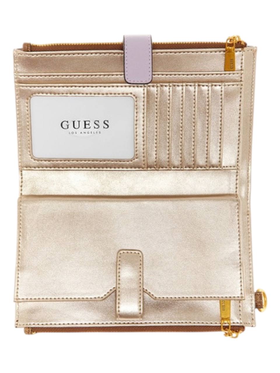Gold metallic wallet with Guess branding on a white background Guess Monza Outlet