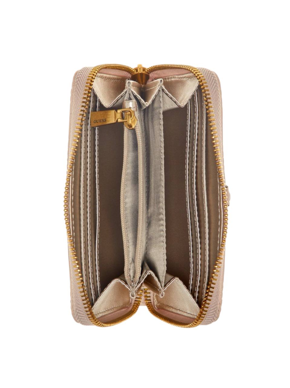 Open beige wallet with gold zipper on a white background, Guess, Monza Outlet, Monza Fashion, Shein Outlet