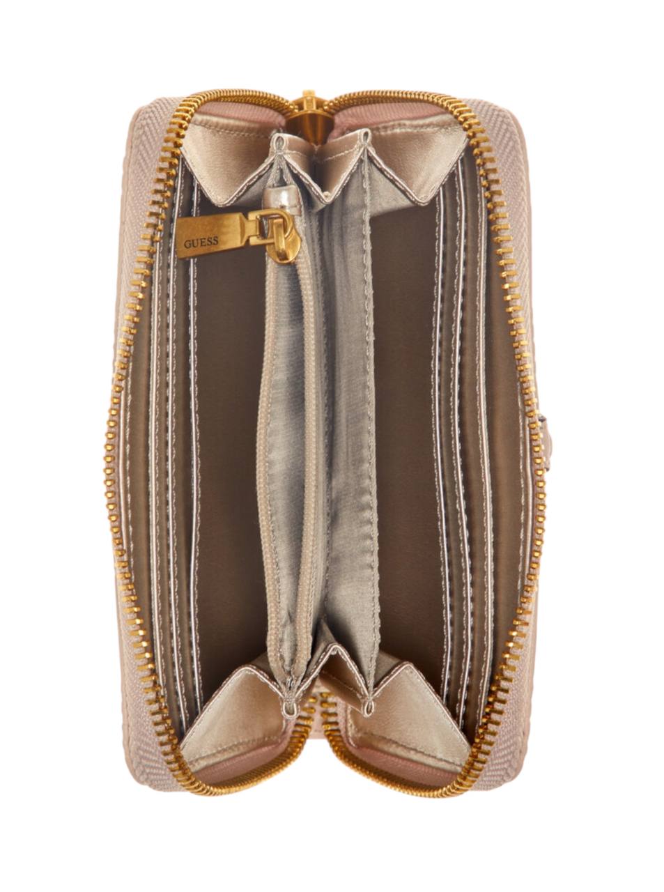 Open beige wallet with gold zipper and bow detail on a white background, Guess, Monza Outlet, Monza Fashion, Shein Outlet