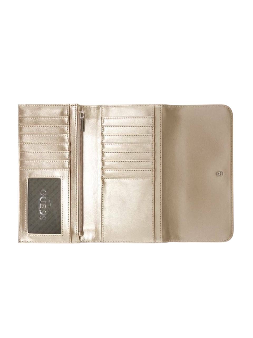 Open beige wallet with visible brand logo on a white background, Guess, Monza Outlet, Monza Fashion, Shein Outlet