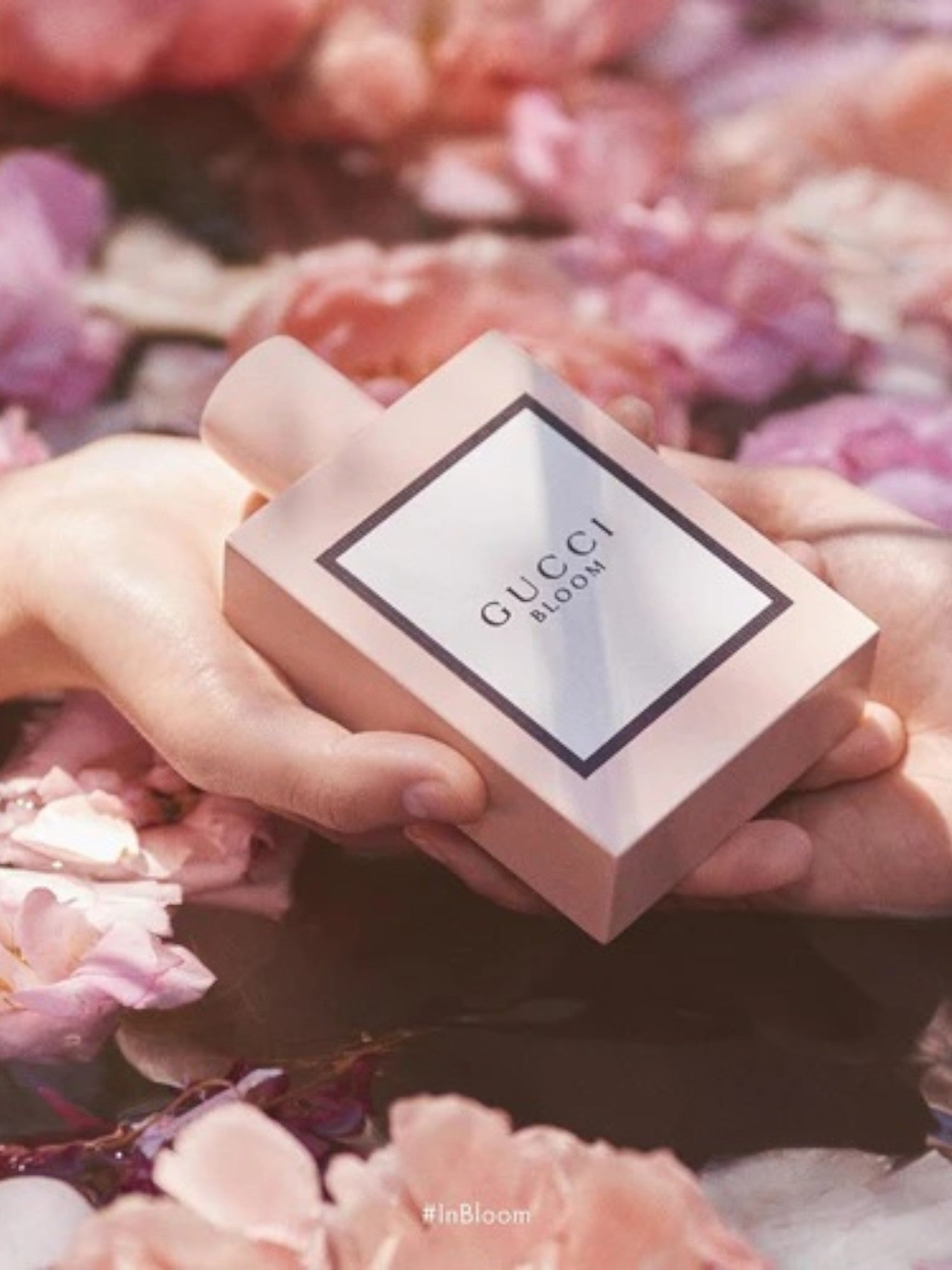 Gucci Bloom perfume bottle held by a hand with pink flowers in the background monza outlet, Shein outlet, monza fashion
