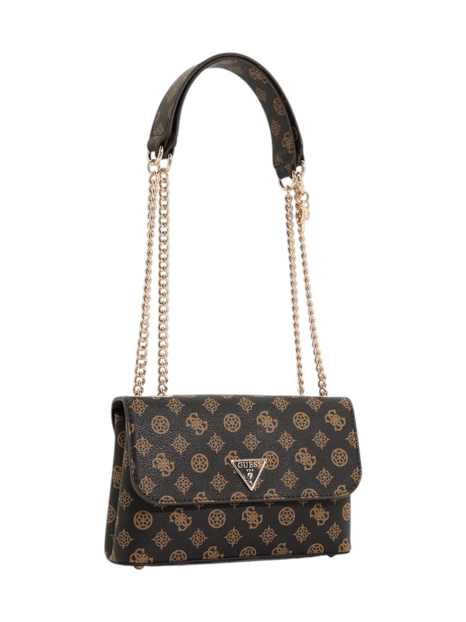 Black handbag with gold chain strap and logo on a white background. Guess, Monza Outlet, Monza Fashion, Shein Outlet