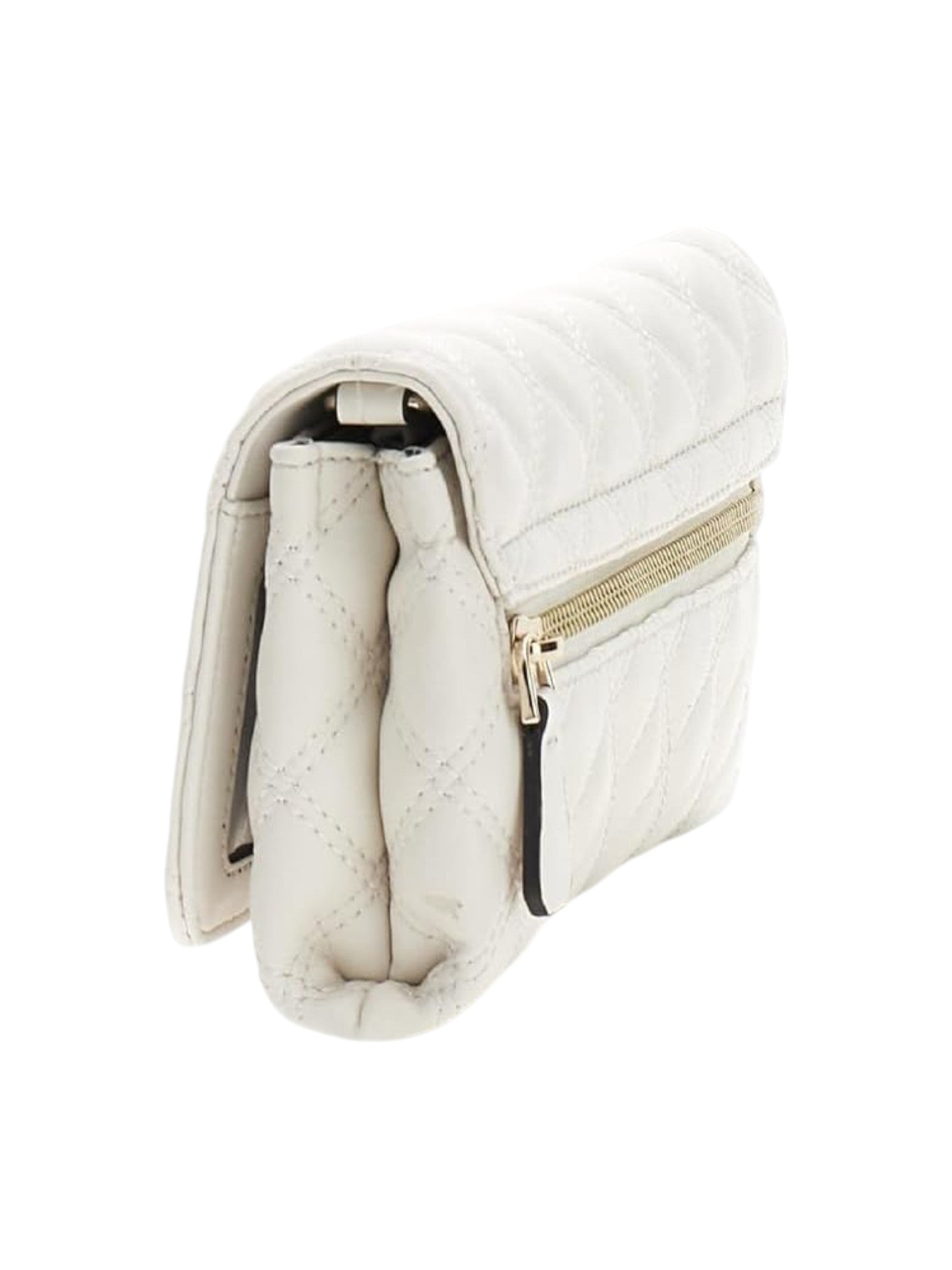 White quilted handbag with gold zipper on a white background. Guess, Monza Outlet, Monza Fashion, Shein Outlet