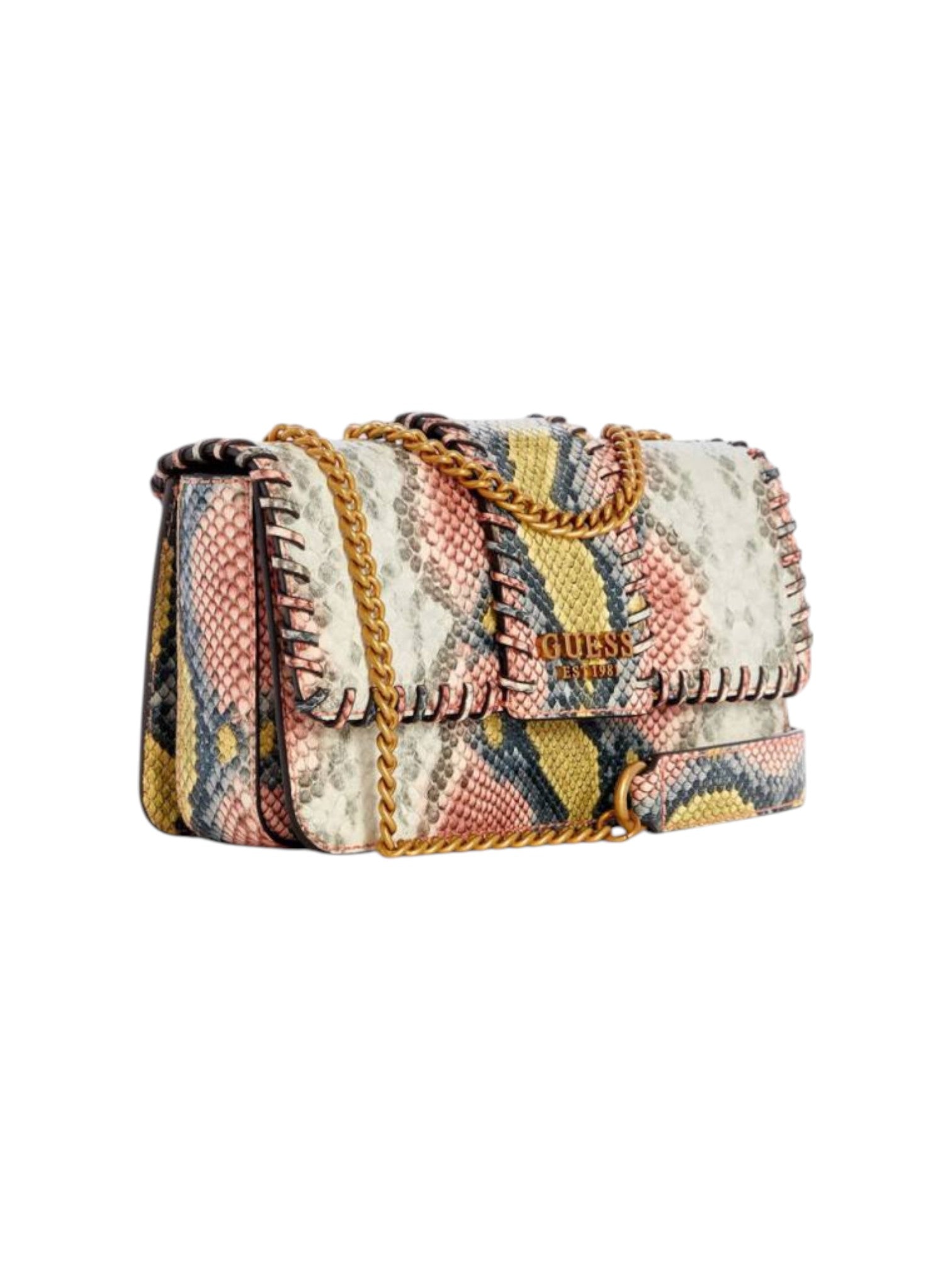 Multicolored patterned handbag with Guess branding on a white background Monza Outlet