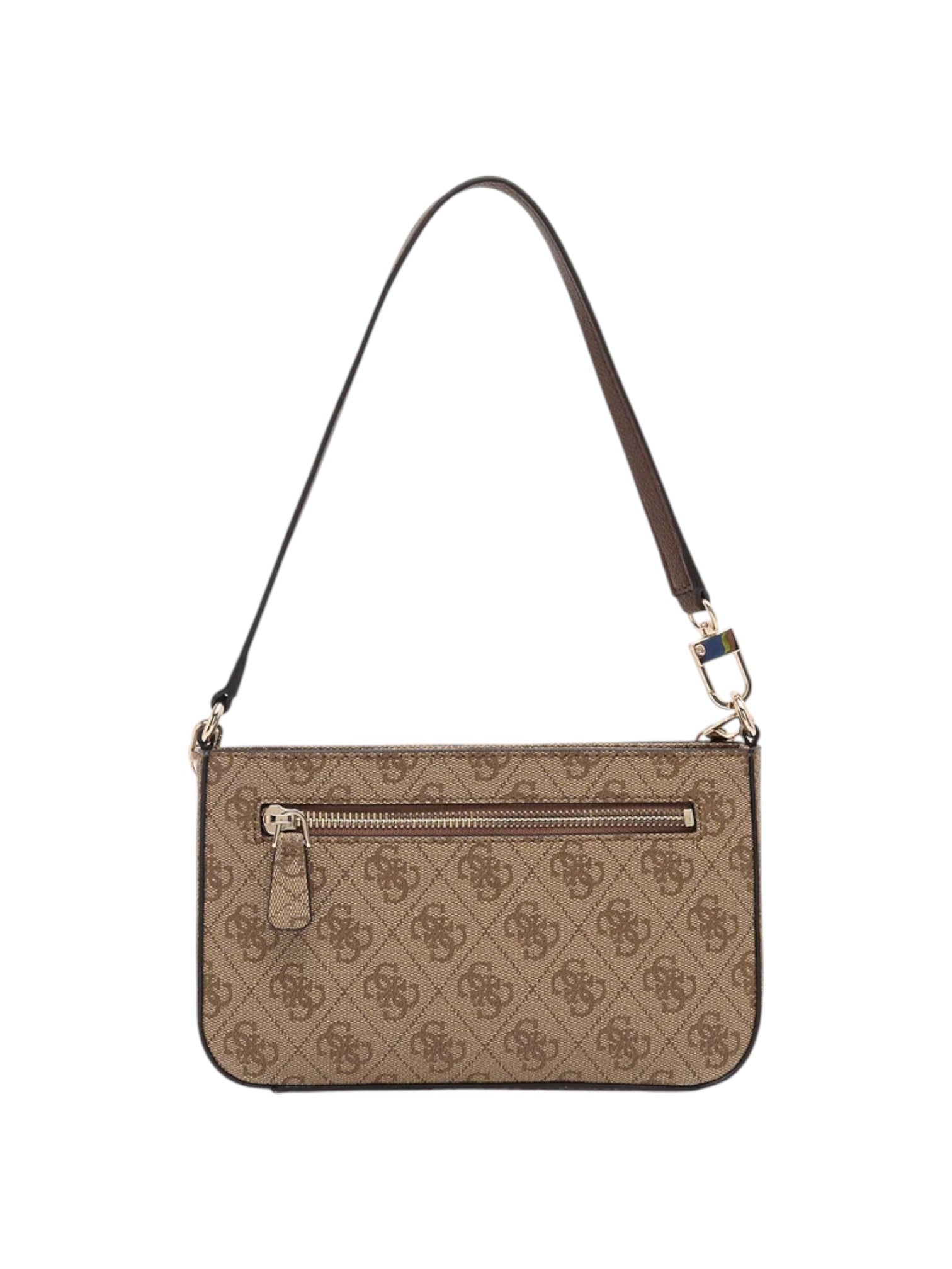 Brown patterned handbag with a strap on a white background. Guess, Monza Outlet, Monza Fashion, Shein Outlet