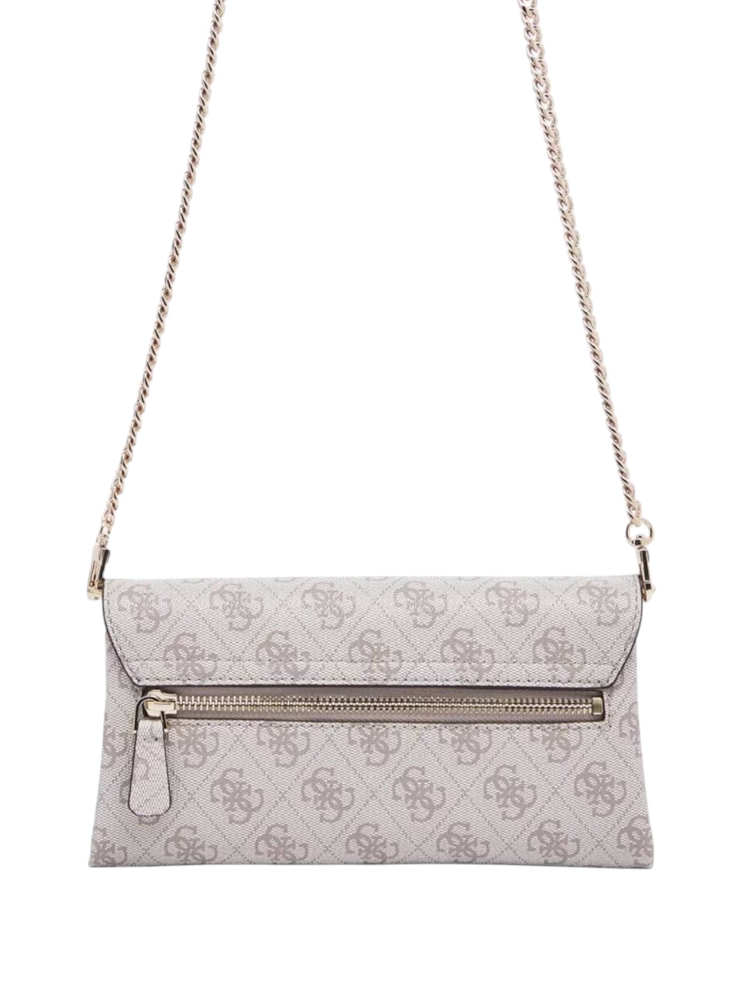 Patterned handbag with a chain strap on a white background. Guess, Monza Outlet, Monza Fashion, Shein Outlet