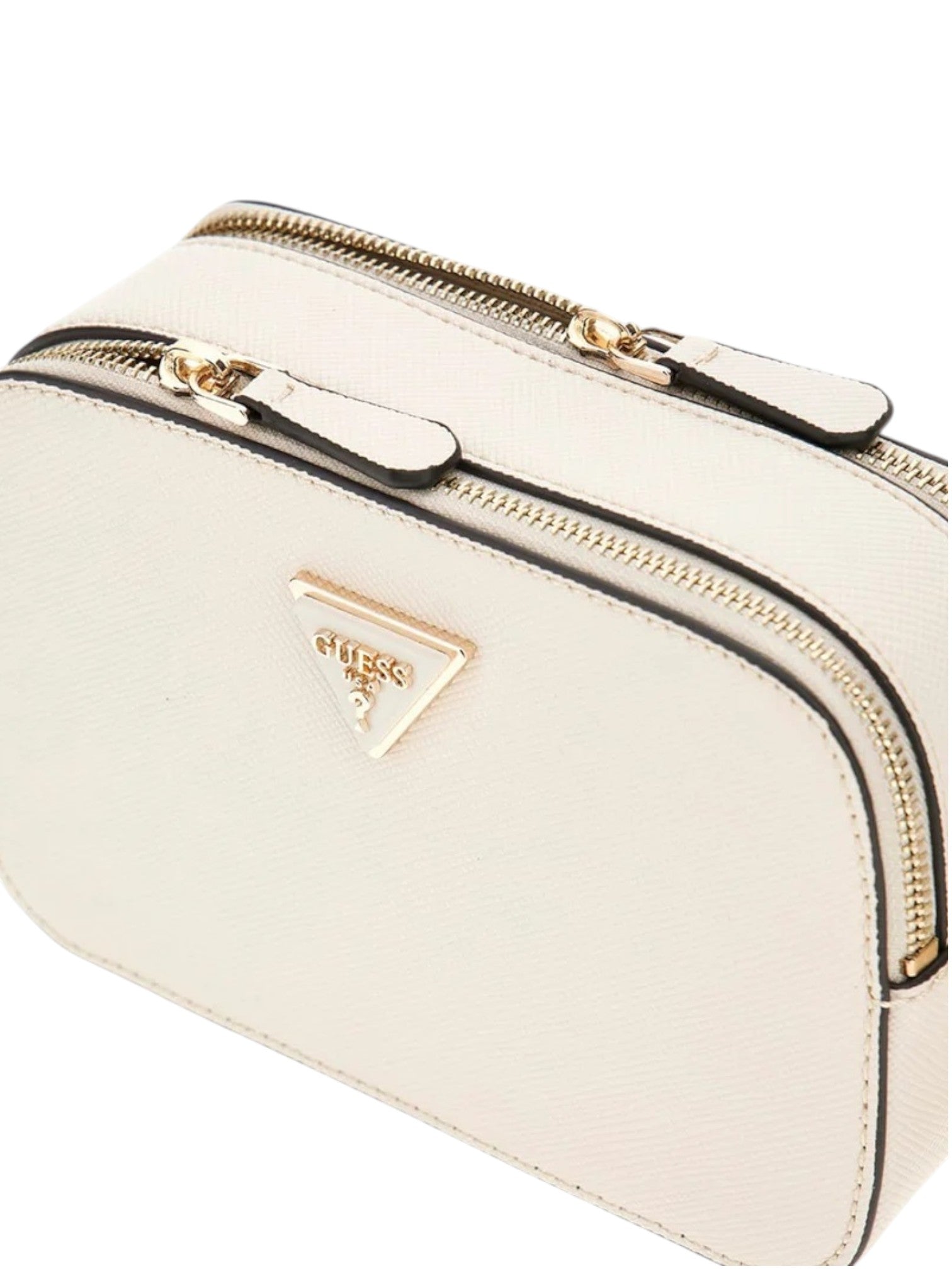 White handbag with gold accents and a visible brand logo on a white background. Guess, Monza Outlet, Monza Fashion, Shein Outlet