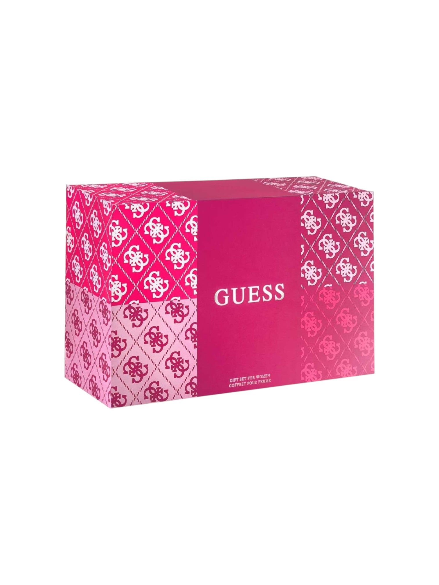 Pink and white patterned box with 'Guess' branding on a white background. Guess, Monza Outlet, Monza Fashion, Shein Outlet