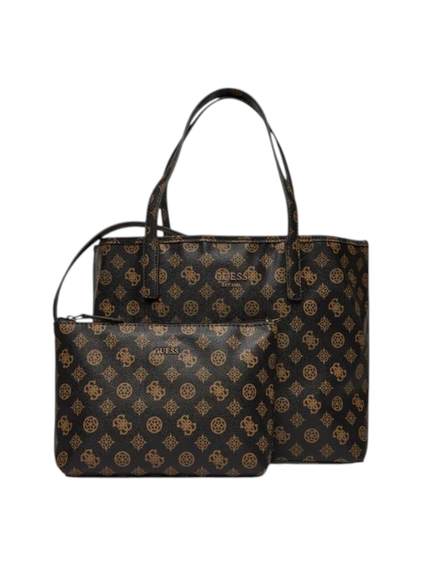 Black handbag with gold pattern and Guess logo on a white background. Guess, Monza Outlet, Monza Fashion, Shein Outlet