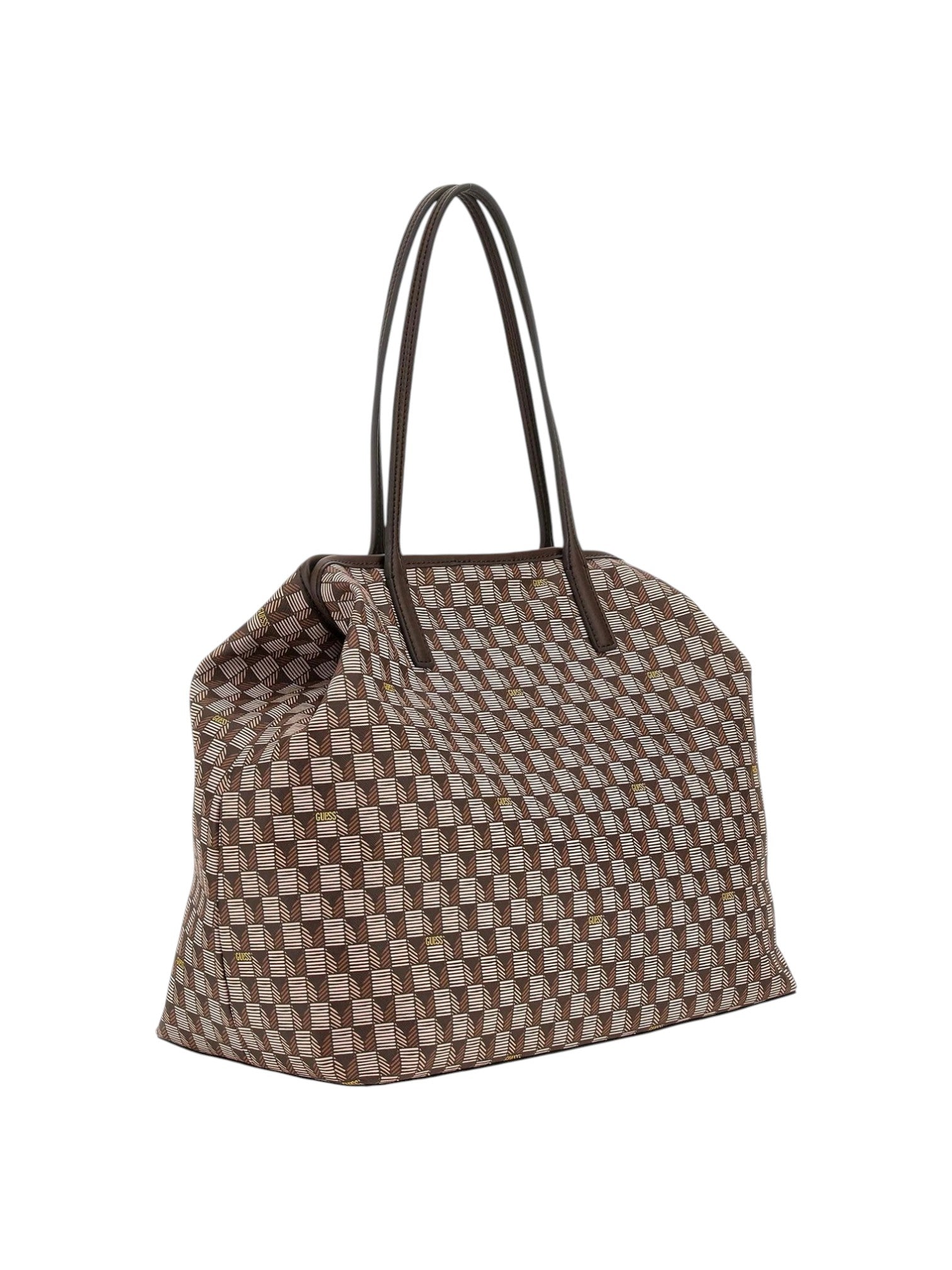 Brown checkered tote bag with black handles on a white background. Guess, Monza Outlet, Monza Fashion, Shein Outlet