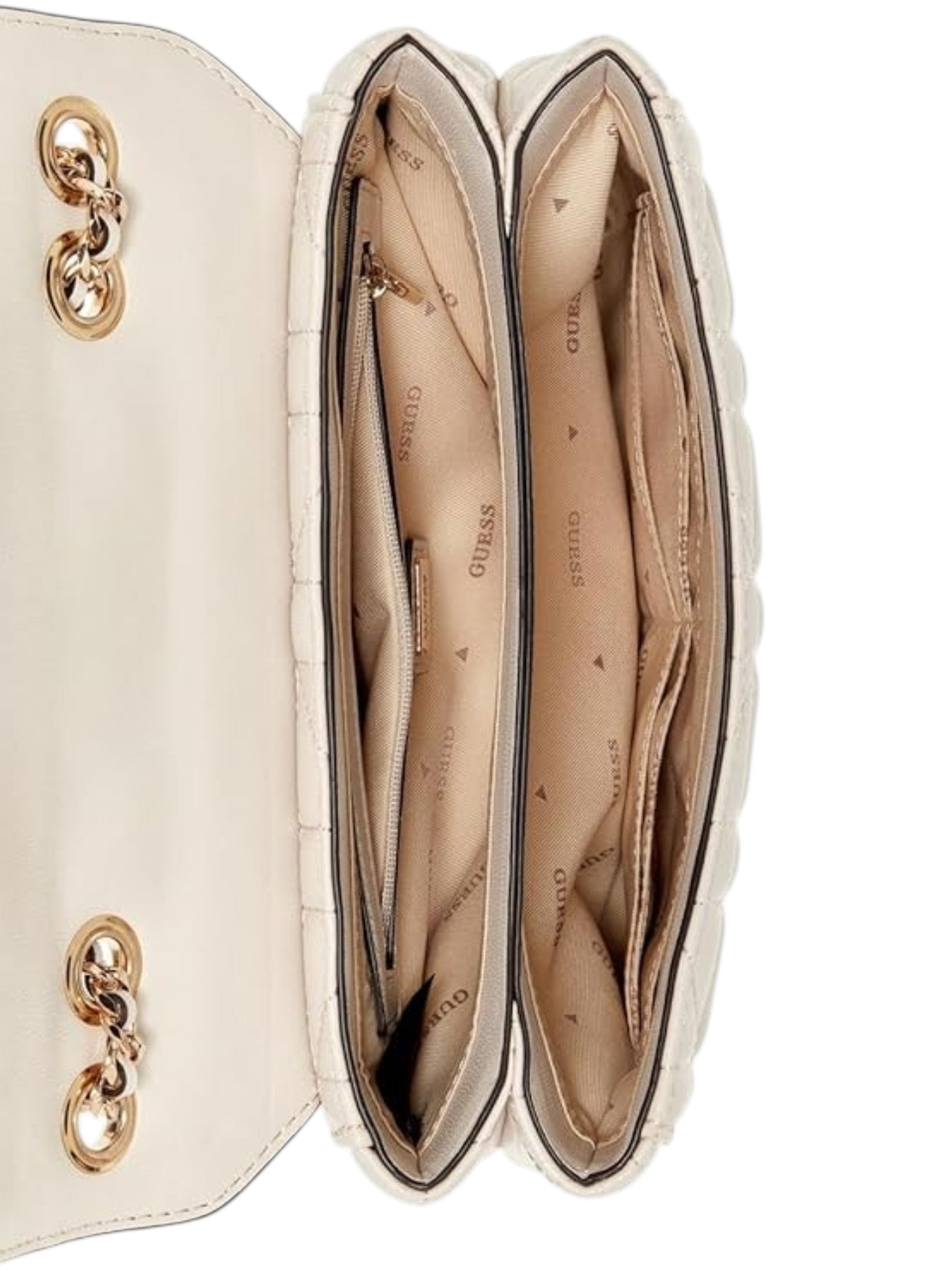 Beige handbag with gold chain detail on a white background. Guess, Monza Outlet, Monza Fashion, Shein Outlet