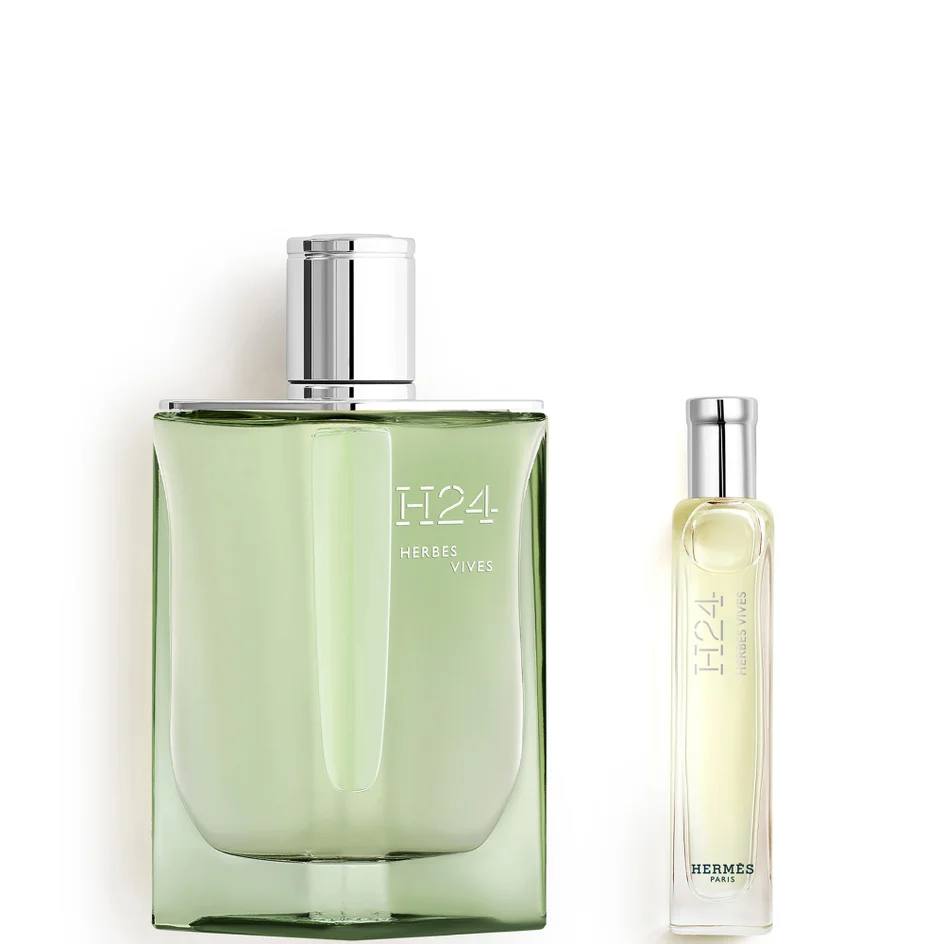 Two perfume bottles labeled 'H24' by Hermes on a white background Monza Outlet