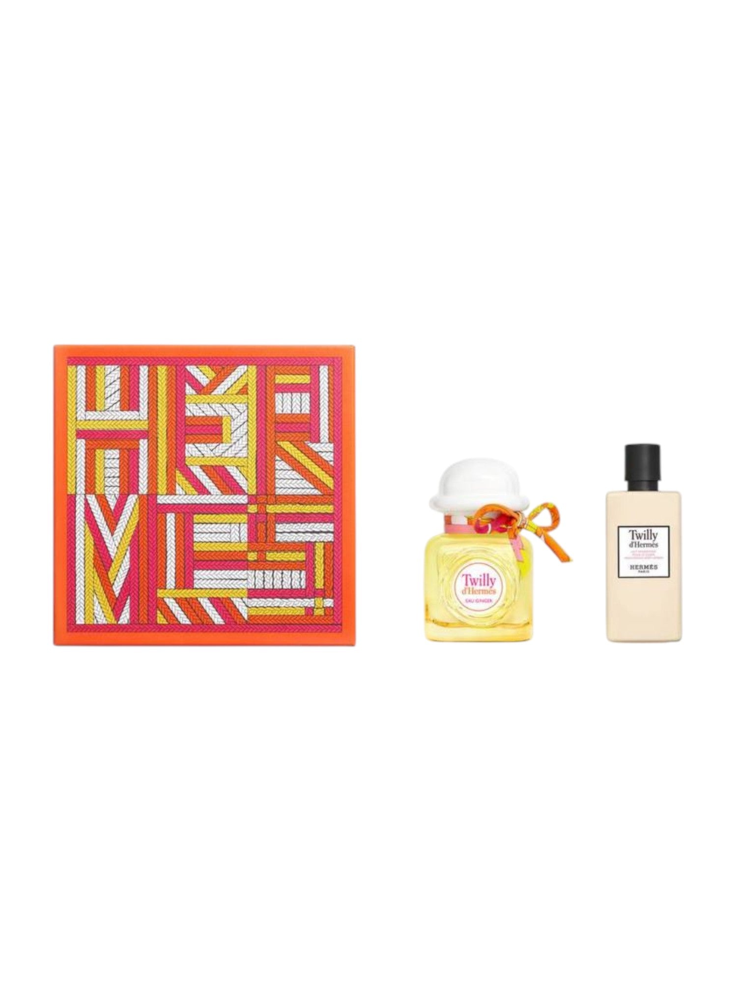 Two perfume bottles with geometric patterned box on a white background. Hermes, Monza Outlet, Monza Fashion, Shein Outlet