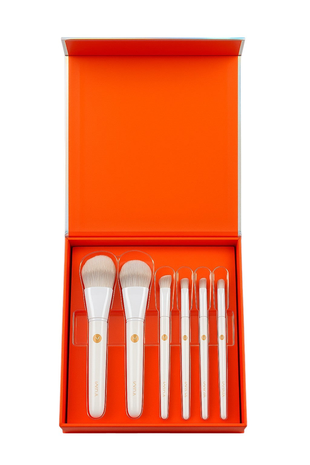 Set of makeup brushes in an open orange box on a white background Monza outlet, monza fashion, shein outlet, shien outlet