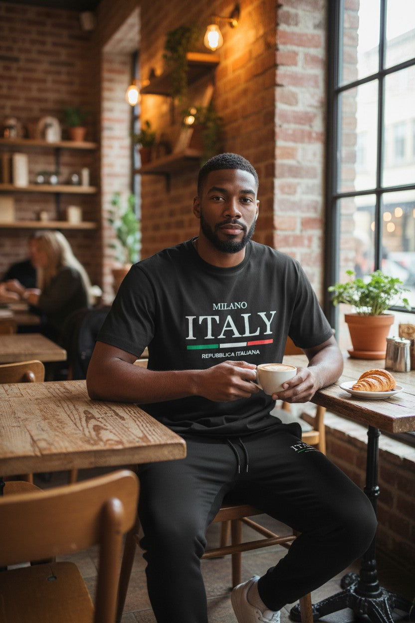 Man sitting in a cozy cafe holding a cup, wearing a black t-shirt with Milano Italy text. Antler, Monza Outlet, Monza Fashion, Shein Outlet