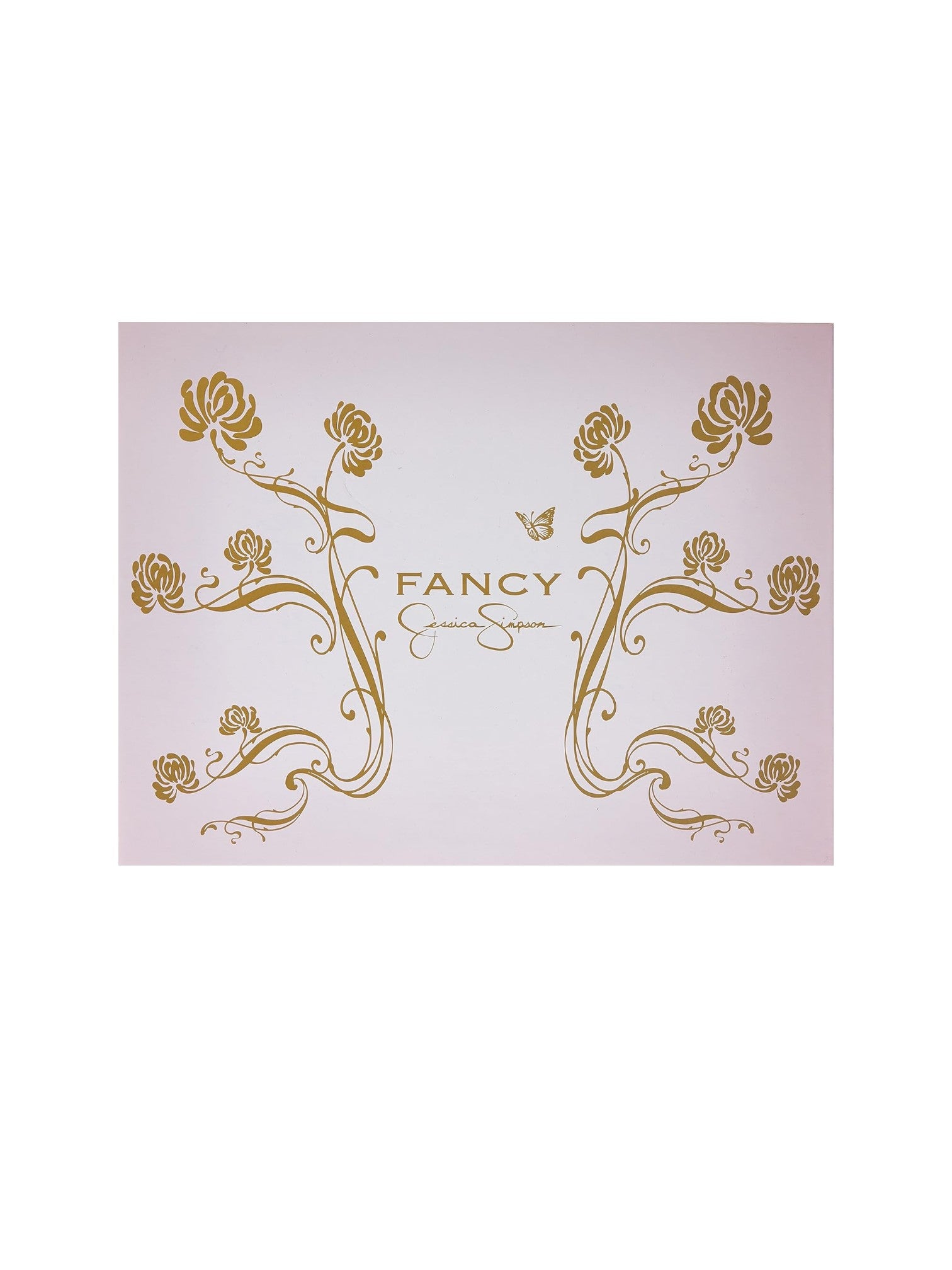 Decorative card with gold floral designs and the word FANCY on a light pink background. Jessica Simpson, Monza Outlet, Monza Fashion, Shein Outlet