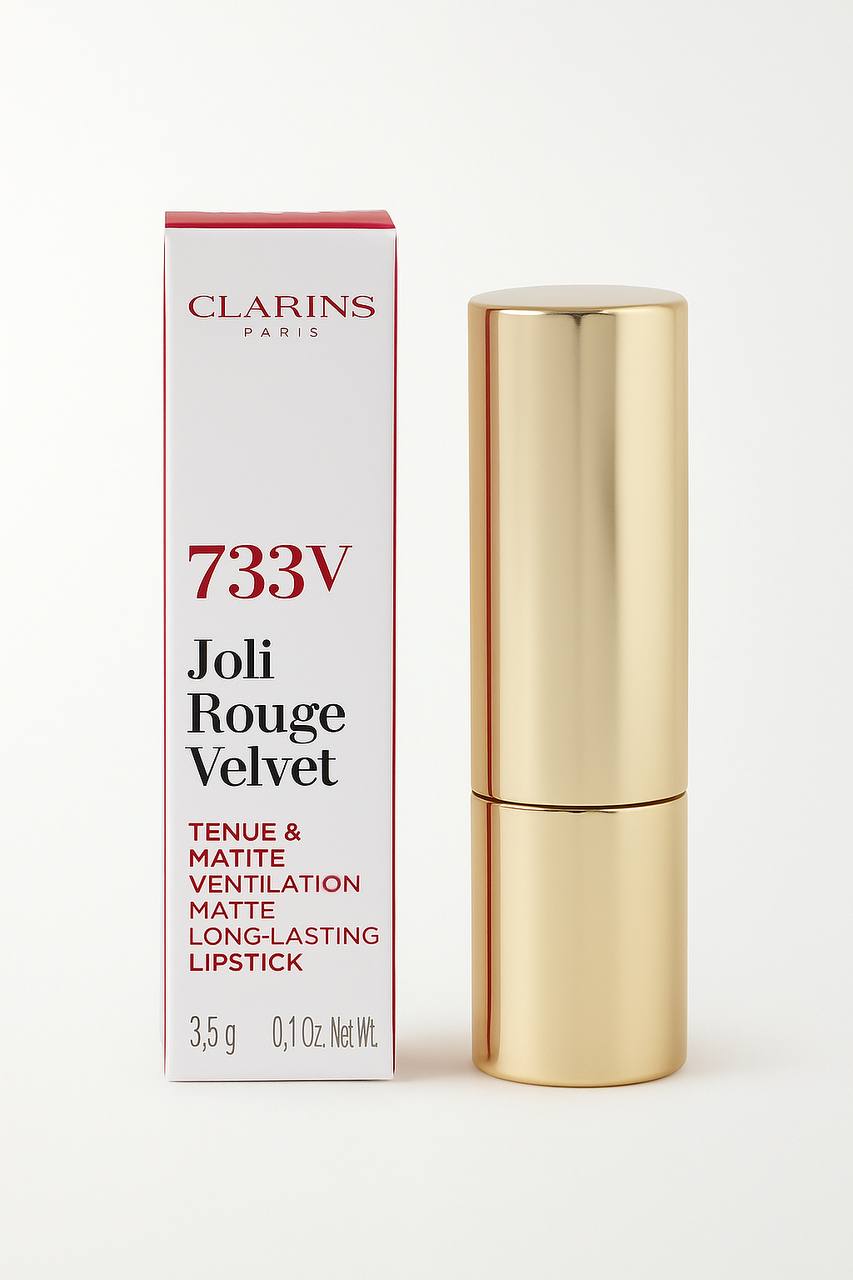 Clarins Joli Rouge Velvet lipstick with packaging on a white background monza outlet, Shein outlet, monza fashion