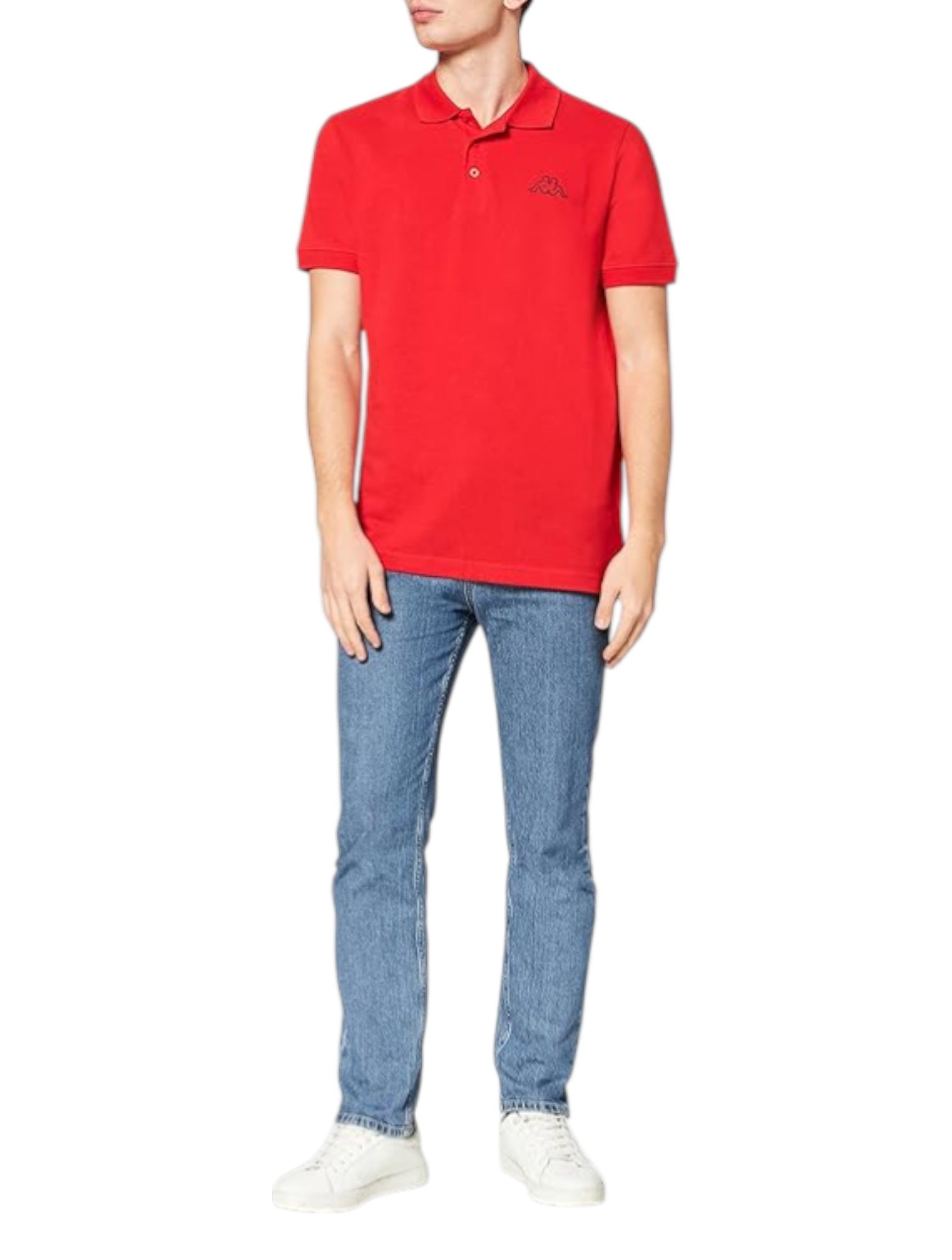 Person wearing a red polo shirt and blue jeans on a white background. Kappa, Monza Outlet, Monza Fashion, Shein Outlet