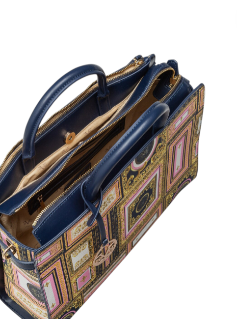 Patterned handbag with a blue handle on a white background monza outlet, Shein outlet, monza fashion