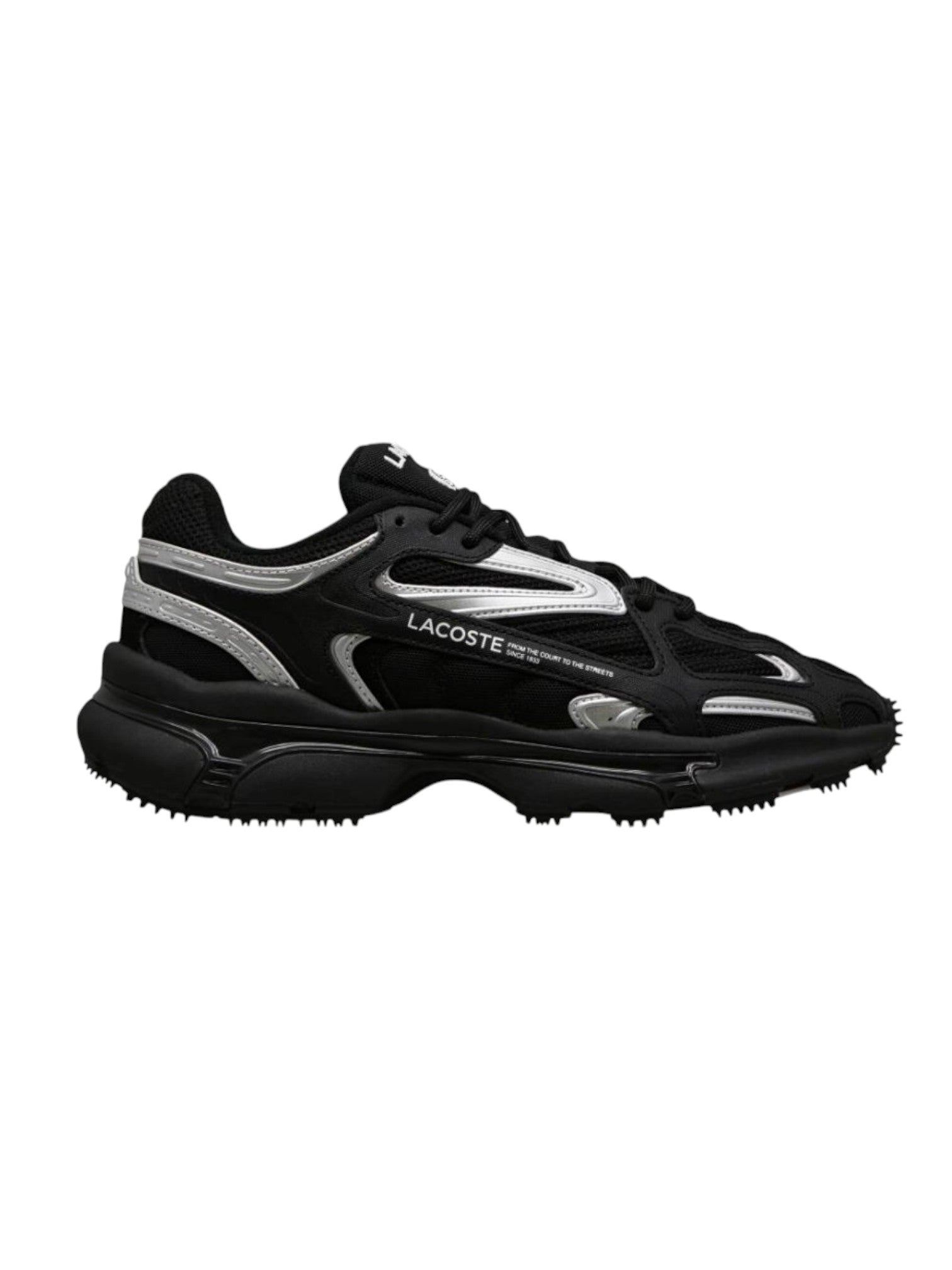 Black and white sneaker with Lacoste branding on a white background. Lacoste, Monza Outlet, Monza Fashion, Shein Outlet
