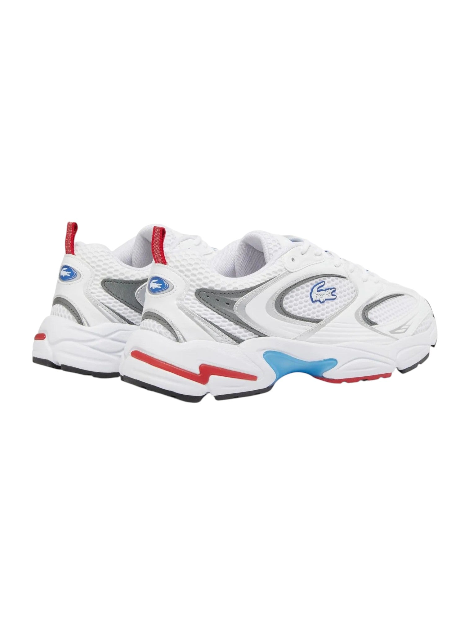 White sneakers with red, blue, and gray accents on a white background. Lacoste, Monza Outlet, Monza Fashion, Shein Outlet
