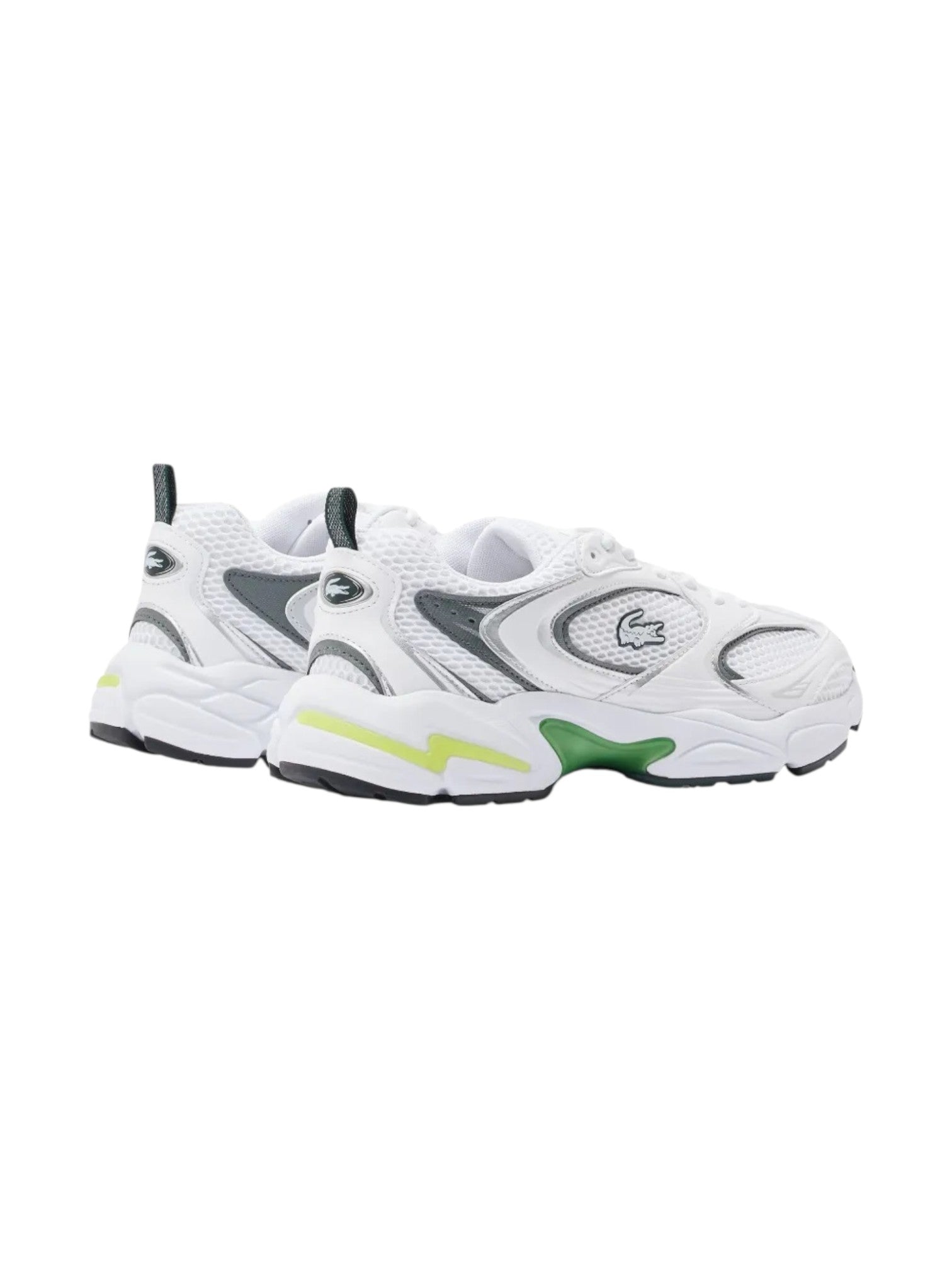 White sneakers with gray and green accents on a white background. Lacoste, Monza Outlet, Monza Fashion, Shein Outlet