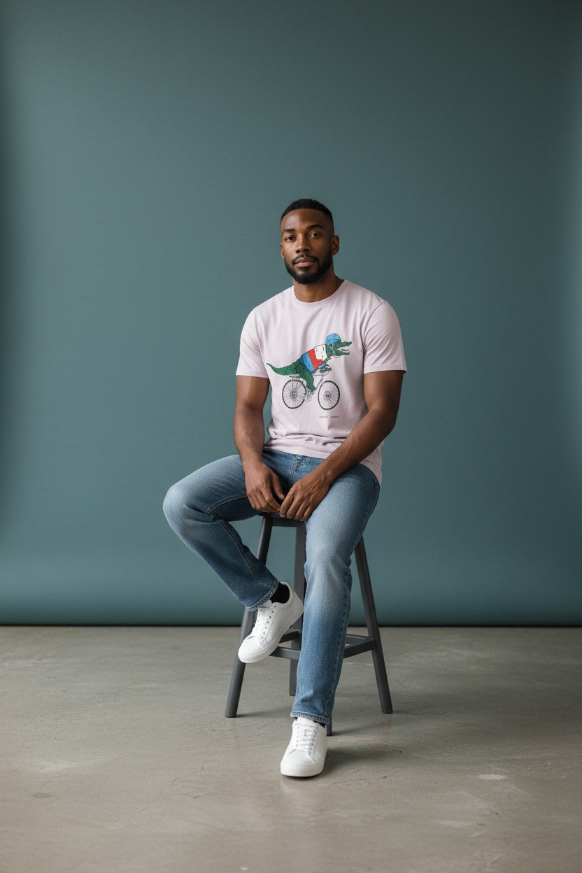 Man sitting on a stool wearing a pink t-shirt with a graphic design against a blue wall. Lacoste, Monza Outlet, Monza Fashion, Shein Outlet